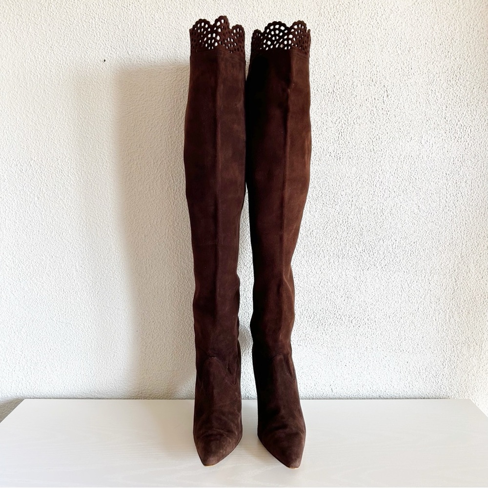 Manolo Blahnik Brown Suede Scalloped Over-the-Knee Boots EU 37 US 7 - Picture 3 of 11